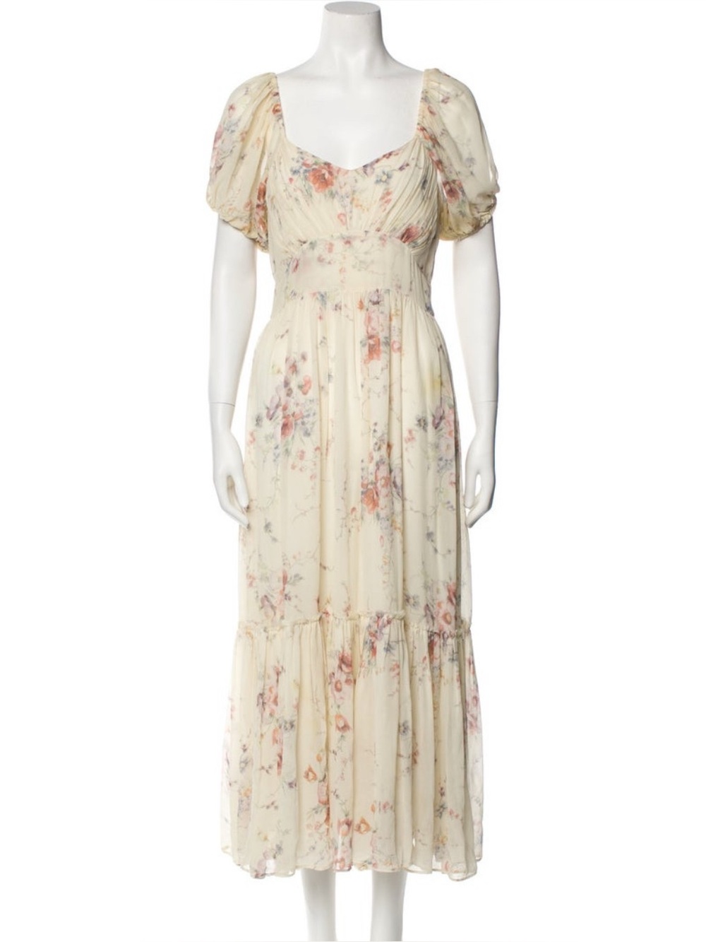 LoveShackFancy Cream Floral Puff-Sleeve Maxi Dress